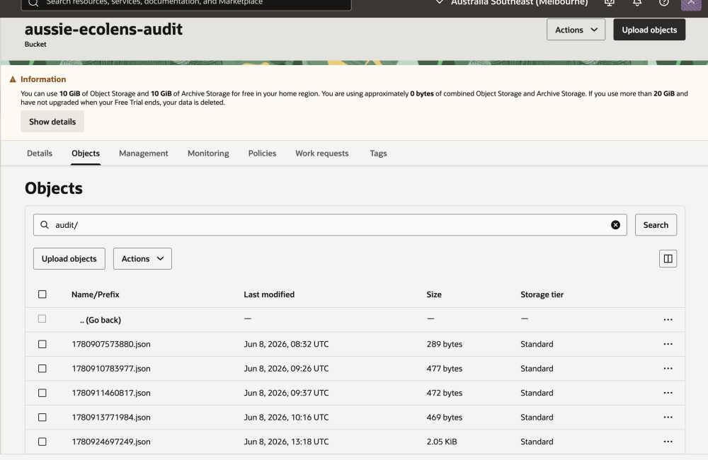 OCI Object Storage 中的 Aussie EcoLens 审计记录